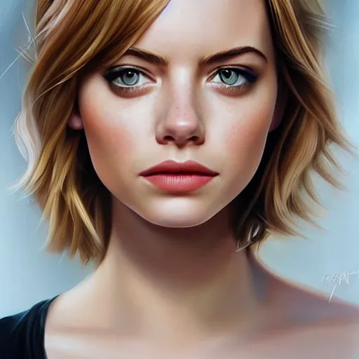 Image similar to portrait of a hybrid of emma stone and emma roberts and emma watson, photo realistic, highly detailed, perfect face, art by artgerm