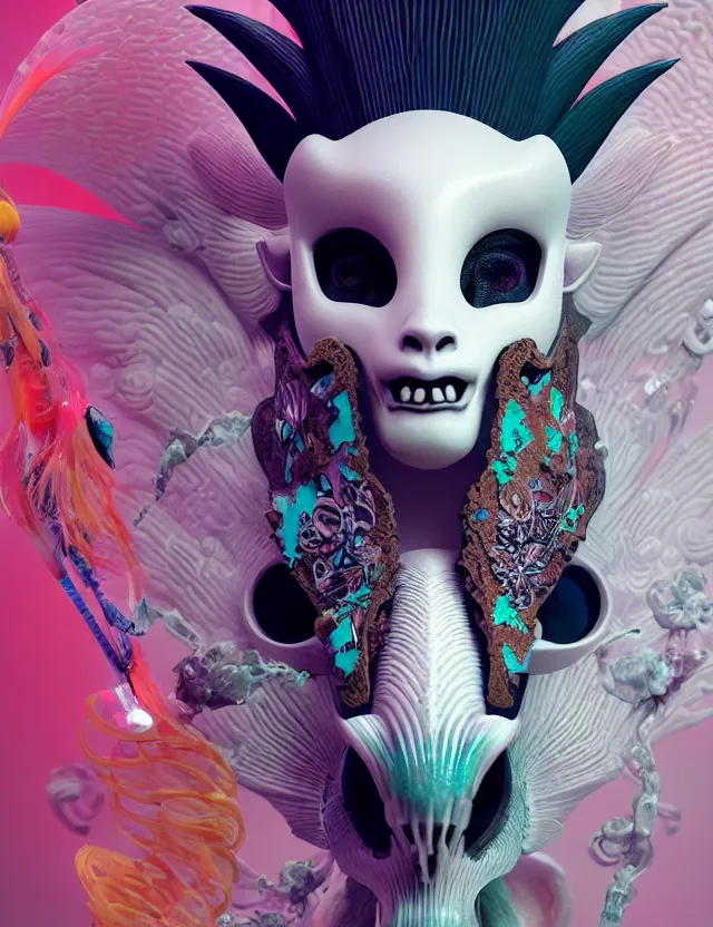 Image similar to 3 d goddess close - up profile simple portrait punk with mohawk with goat skull. beautiful intricately detailed japanese crow kitsune mask and clasical japanese kimono. betta fish, jellyfish phoenix, bio luminescent, plasma, ice, water, wind, creature, artwork by tooth wu and wlop and beeple and greg rutkowski