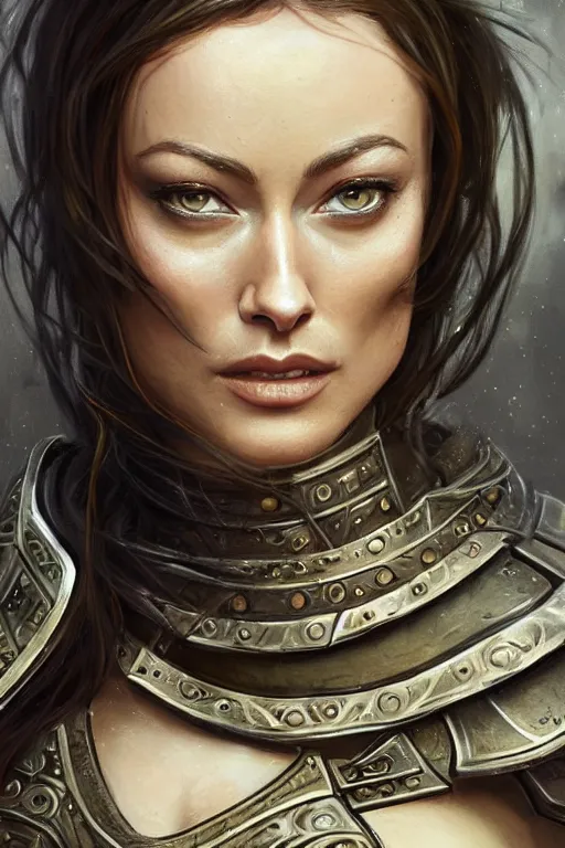 Prompt: a finely detailed portrait of Olivia Wilde, clothed in battle armor, olive skin, long dark hair, beautiful bone structure, symmetrical facial features, intricate, elegant, digital painting, trending on Artstation, concept art, smooth, sharp focus, illustration, from World of Warcraft, by Ruan Jia and Mandy Jurgens and Artgerm and william-adolphe bouguerea, award winning