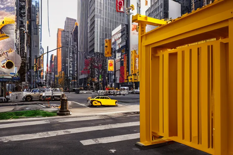 Image similar to Yellow school bus, a red japanese Torii gate, New York location in USA, atomic bomb dropping from the sky, ray tracing, high detail, 4K