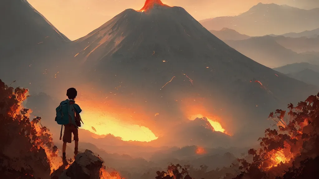 Image similar to a boy with a backpack, beautiful volcanic landscape, by makoto shinkai, greg rutkowski, artstation, high detailed, cgsociety,