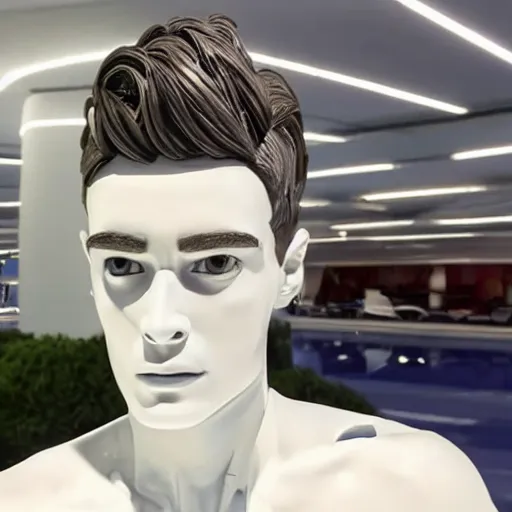 Image similar to a realistic detailed photo of a guy who is an attractive humanoid who is half robot and half humanoid, who is a male android, f 1 driver charles leclerc, shiny skin, posing like a statue, blank stare, by the pool, on display, showing off his muscles, humanoid robot, frozen ice statue, made of ice