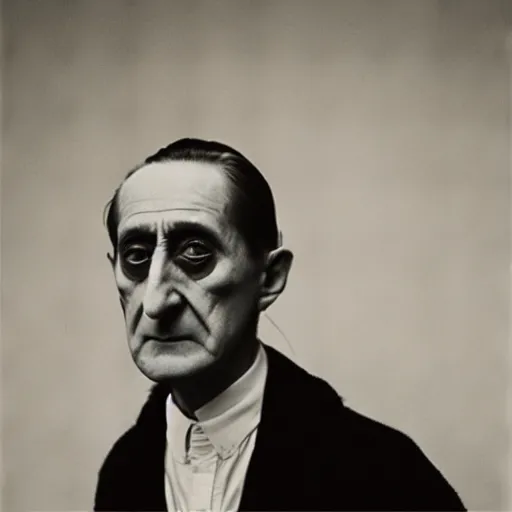 Image similar to a minimalist portrait of Marcel Duchamp in the style of Man Ray and Pieter Hugo, wide angle, monochrome and chromatic aberrations