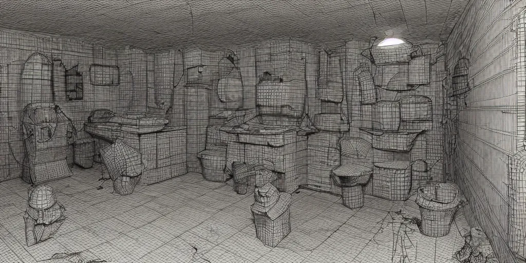 Prompt: a detailed 3 d concept art of a serial killers basement, by moebius