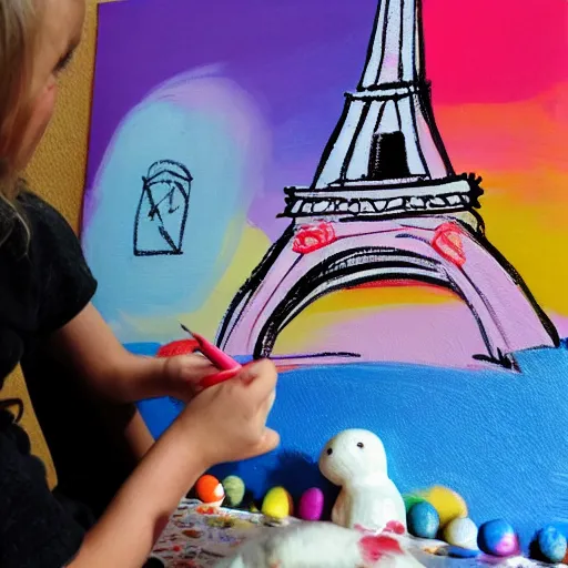 Image similar to A polar bear painting easter eggs in front of the Eiffel Tower