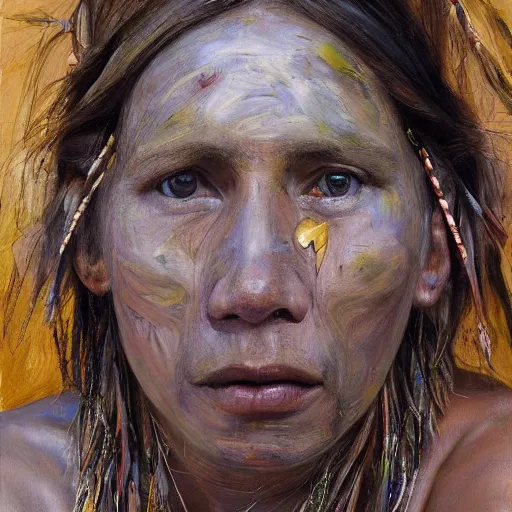 Prompt: high quality high detail painting by jenny saville, hd, a skinny beautiful indigenous woman tribe leader, hair in wind, many pretty feathers, muted colors, cream color, photorealistic lighting