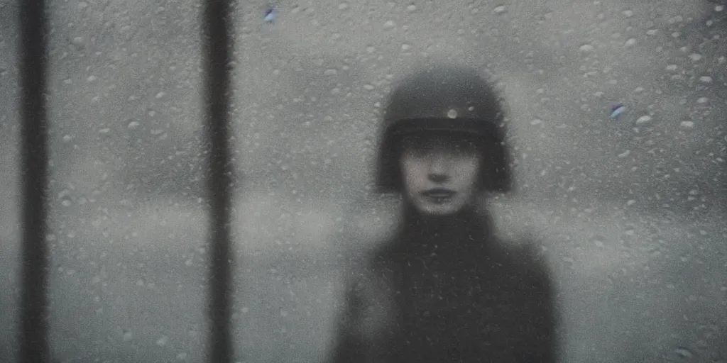 Prompt: weathered old analog polaroid portrait photograph of a beautiful young woman wearing a vintage motor helmet looking out of a rainy window, raining, clouds outside, depth of field, bokeh, filmgrain, azure color bleed