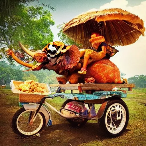 Image similar to “ an elephant selling fried chicken wings and sticky rice with a motorcycle cart in rural thailand. masterpiece. trending on artstation ”