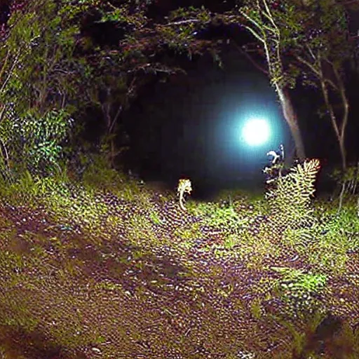 Prompt: a weird land octopus caught on trailcam nightvision footage camera, grainy low quality