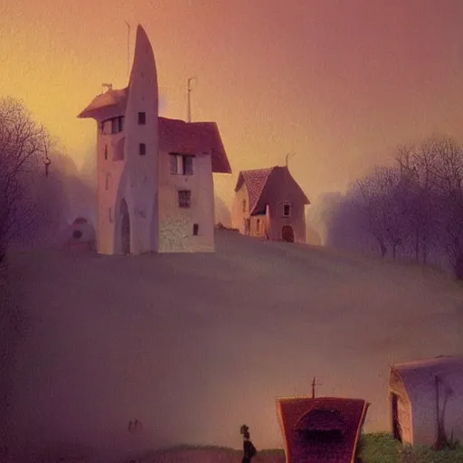 Prompt: scene from a dream. village. digital artwork by vincent bons, michael whelan, remedios varo and gerardo dottori. grainy and rough. interesting pastel colour palette. beautiful light. oil and water colour based on high quality render.