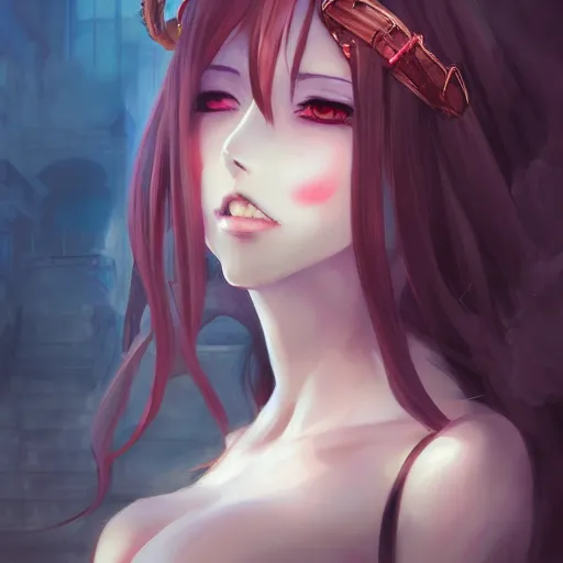 Image similar to anime portrait of succubus as an anime girl by Stanley Artgerm Lau, WLOP, Rossdraws, James Jean, Andrei Riabovitchev, Marc Simonetti, and Sakimichan, trending on artstation