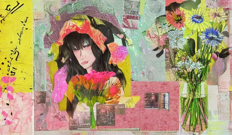 Image similar to ill bring u flowers in the pouring rain, shojo, collage, mixed media
