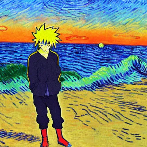 Prompt: An oil painting of Naruto at the beach at sunset by Vincent van Gogh, anime anime anime