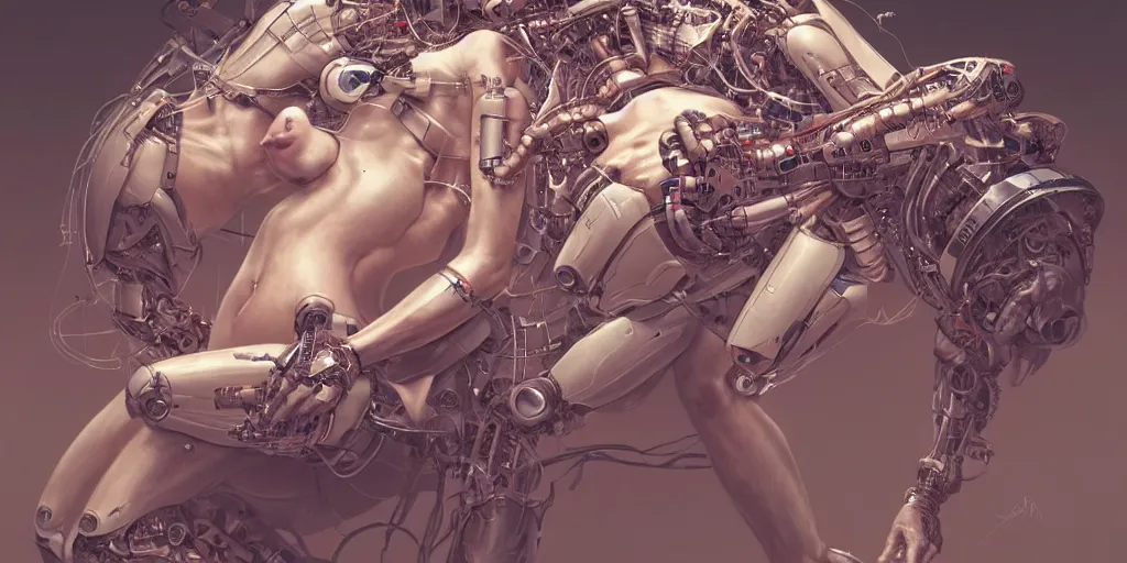 Image similar to hyperrealistic photography of a gorgeous cyborg constructing a human birthing machine in the style of Jin Kagetsu, James Jean and wlop, highly detailed, masterpiece, award-winning, sharp focus, intricate concept art, ambient lighting, 8k, artstation