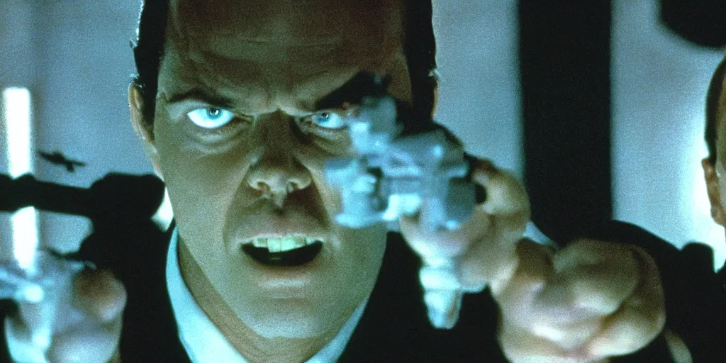 Image similar to Jack Nicholson as Agent Smith on the matrix, 1999, battle scene with neo, cinematic composition, cinemascope,