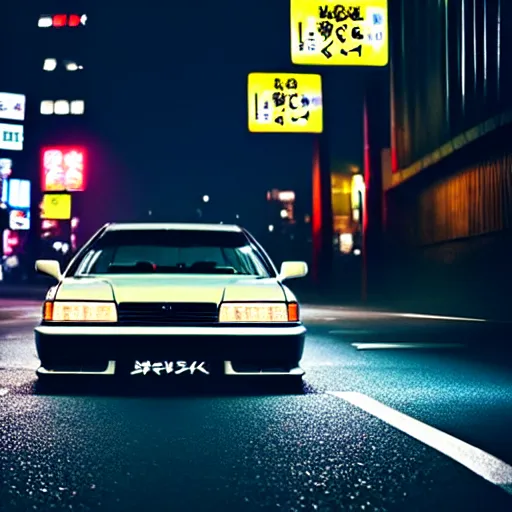 Image similar to a car JZX100 at illegal car meet, Shibuya prefecture, city midnight mist, cinematic color, photorealistic, highly detailed, 200MM