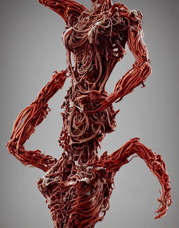 Prompt: biomechanical dress in the form of a wax liquid sculpture Apollon, full lenght view, (((stands))) on rock super hero pose, burning red wax .woman wearing a helmet. white plastic, human skull, swollen muscles, tumors, veins, tendons, wires, baroque elements. intricate drawings. halo. octane rendering, cinematic, hyperrealism, octane rendering, 8k, depth of field, bokeh. iridescent accents. vibrant. teal gold and red color scheme