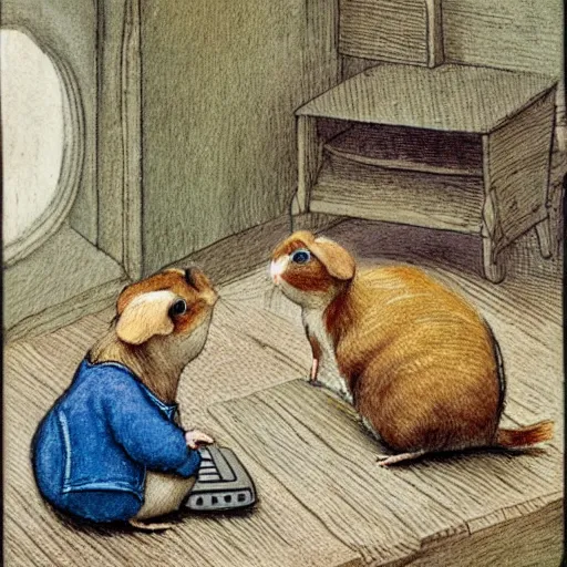 Prompt: guinea pigs working on tiny cute computers, illustration in the style of Beatrix Potter