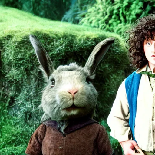 Image similar to a british lad as Bartook a teen hobbit with short curly dark brown hair wearing a blue vest with a white sash standing next to a giant rabbit, high resolution film still, movie by Peter Jackson