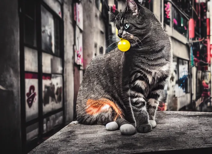 Prompt: photography of a Cat sitting on a box. in a cyberpunk street, award winning photo, colors, 100mm, sharp, high res