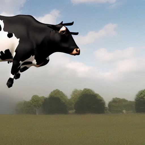 Image similar to portrait of a flying cow, photorealistic, 4 k