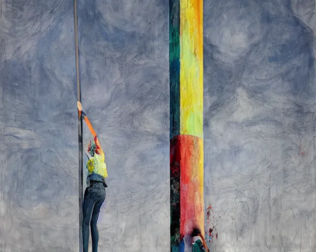 Image similar to two models hoist a flag up a pole in an abstract landscape by james jean and luc tuymans and beeple and hernan bas and pat steir and hilma af klint, psychological, 3 d, dripping paint, high quality render, masterpiece