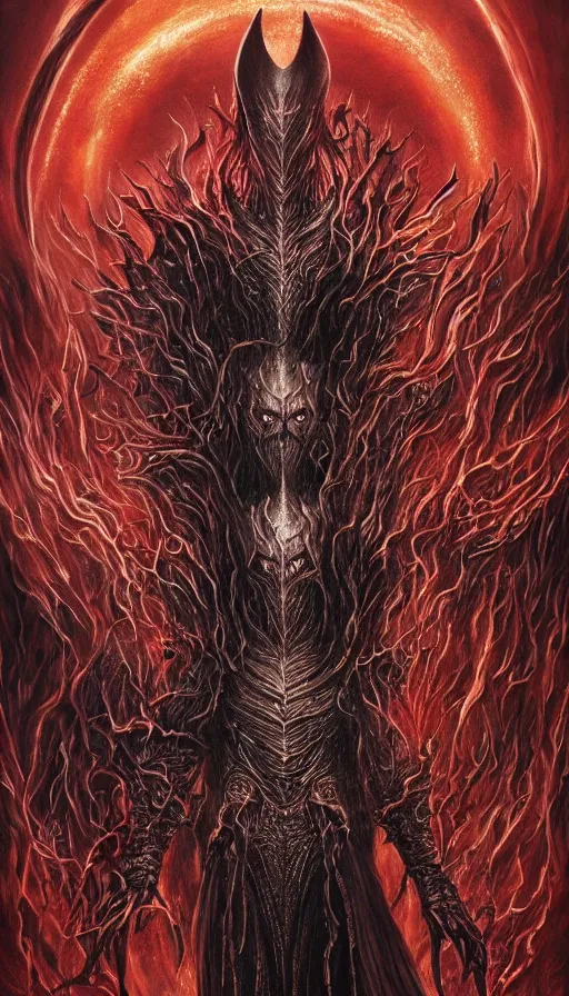 Prompt: Elden Ring and Lord of the Rings themed painting of majestic crimson fire necromancer lord Sauron, intricate artwork by Artgerm, Johnatan Wayshak, Zdizslaw Beksinski, Darius Zawadzki, H.R. Giger, Takato Yamamoto, masterpiece, very coherent artwork, cinematic, high detail, octane render, unreal engine, 8k, High contrast, golden ratio, trending on cgsociety, ultra high quality model, production quality cinema model