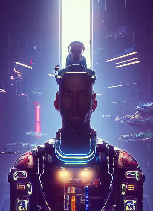 Prompt: portrait of a male submarine officer as a character in Cyberpunk 2077, looking at camera, long hair, intricate, elegant, sci-fi, extremely detailed, digital painting, artstation, concept art, smooth, sharp focus, illustration, ambient lighting, incredible art by artgerm and greg rutkowski and alphonse mucha and simon stalenhag