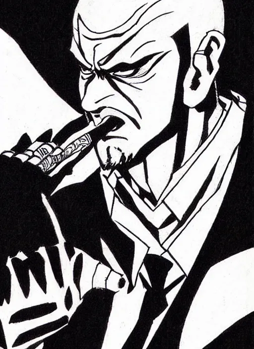 Image similar to manga illustration of heihachi mishima from tekken, dressed formally, smoking a cigar, drawn in the style of keisuke itagaki