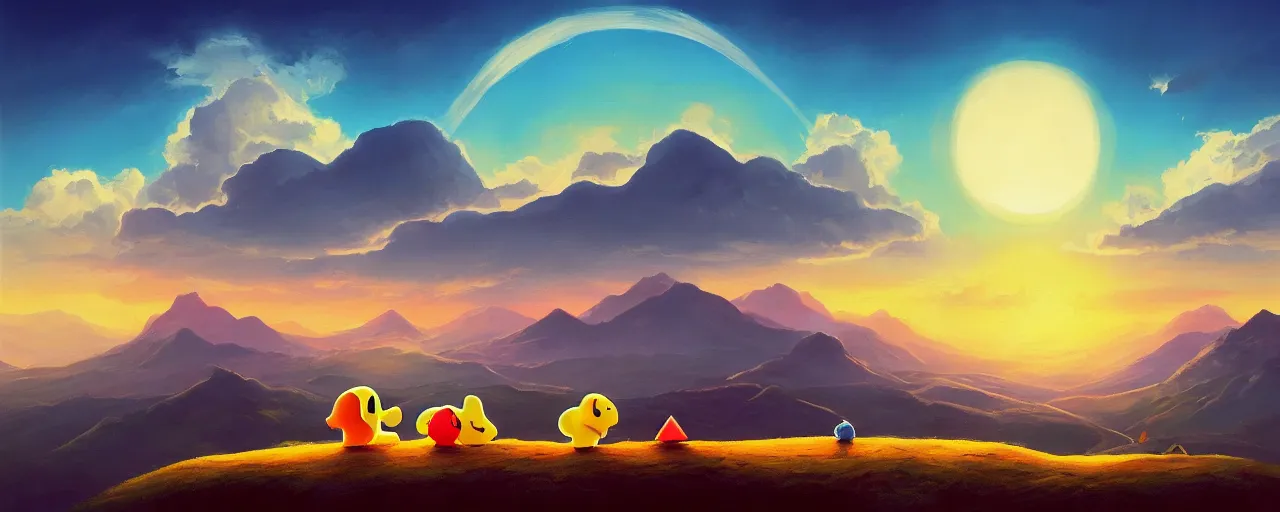 Prompt: detailed round pacman, with ghosts, in a beautiful nature landscape with clouds, mountains, in background, sunset, by rhads, pacman, detailed, coherent