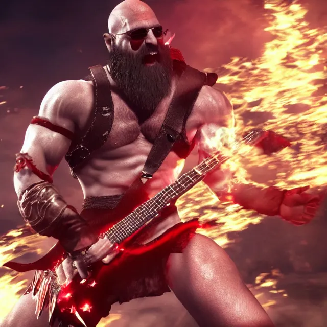 Prompt: sunglasses wearing kratos rocking out on a stratocaster guitar, cinematic render, god of war 2 0 1 8, playstation studios official media, sunglasses, lightning, flames, red stripe