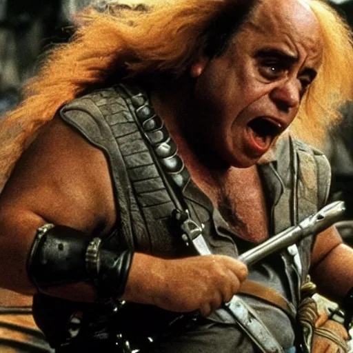 Image similar to Danny Devito as master blaster, screenshot from mad max beyond thunderdome, detailed, 4k