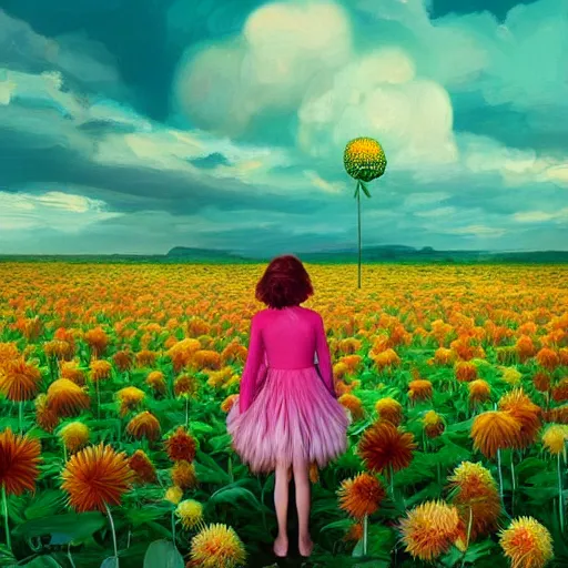 Image similar to giant dahlia flower head, full body girl standing in a flower field, surreal photography, sunrise, dramatic light, impressionist painting, colorful clouds, digital painting, artstation, simon stalenhag