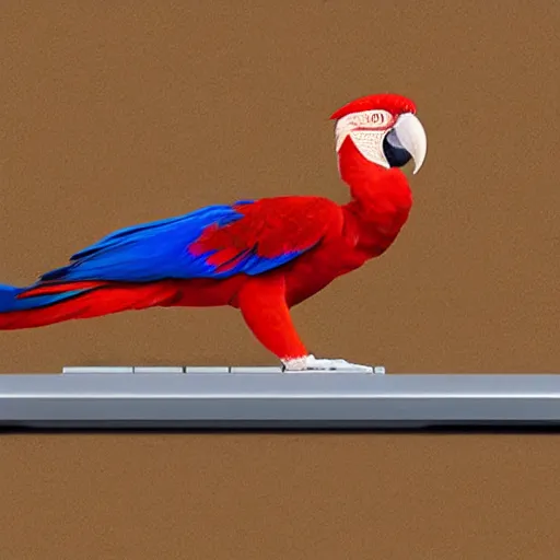 Image similar to “scarlet macaw typing on a keyboard with its beak, hd, photorealistic”