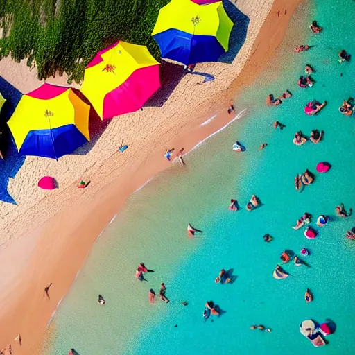 Prompt: photograph beachscapes from an almost perpendicular angle, Aerial view of sandy beach with umbrellas and sea, Aerial of a crowded sandy beach with colourful umbrellas, sun bathers and swimmers during summer, by Tommy Clarke