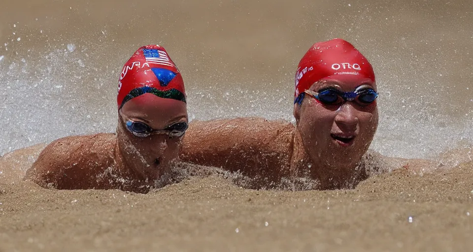 Image similar to olympic swimming in sand instead of water, extremely coherent, motion blur