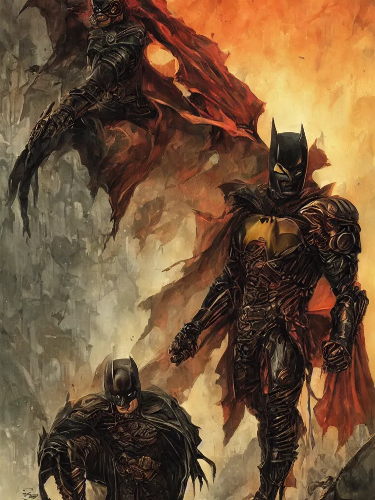 Image similar to ancient damned armored batman, dark and gritty, sci fi artwork, warm colors, by seb mckinnon and alex ross