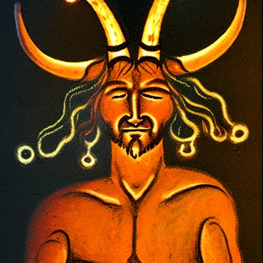 Image similar to horned god, paleolithic cave painting, light of fire