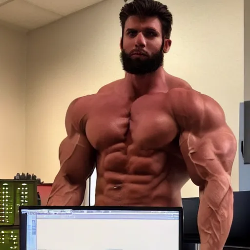 Image similar to a chad. muscular. godlike. using a computer.