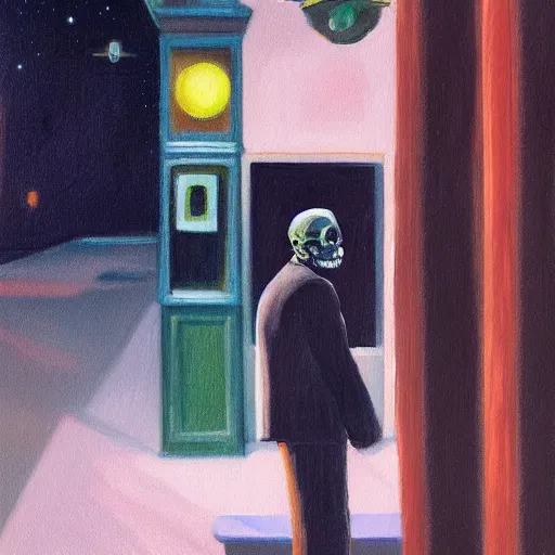 Image similar to a painting painting of a lonely man with a skull as his head waiting for the bus at night, green dramatic and cinematic light from the streetlight, the sky is full of stars, in the style of edward hopper, 4 k,