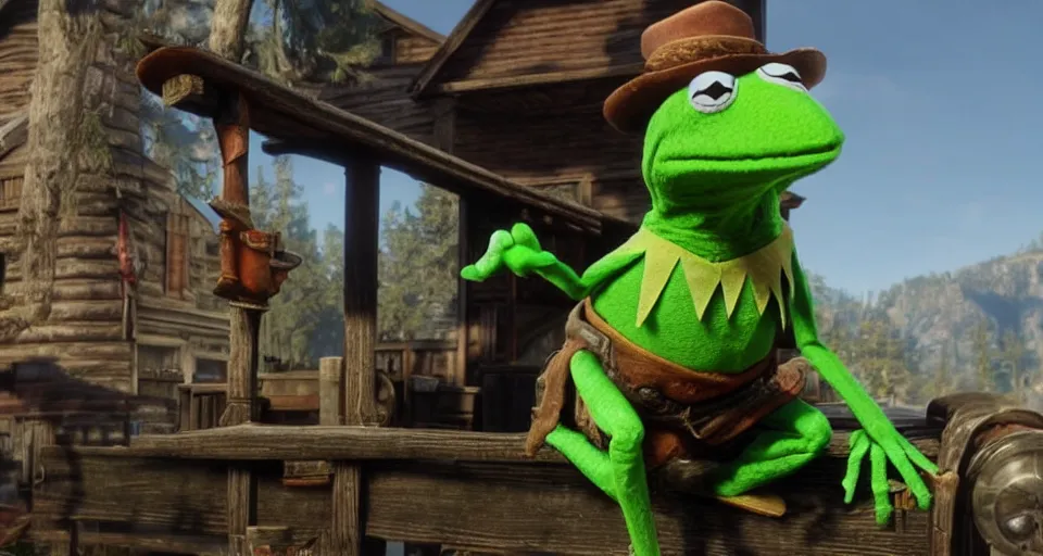 Image similar to Screenshot of Kermit the Frog as a 3d cowboy in the videogame 'Red Dead Redemption 2'. Sharpened. 1080p. High-res. Ultra graphical settings.