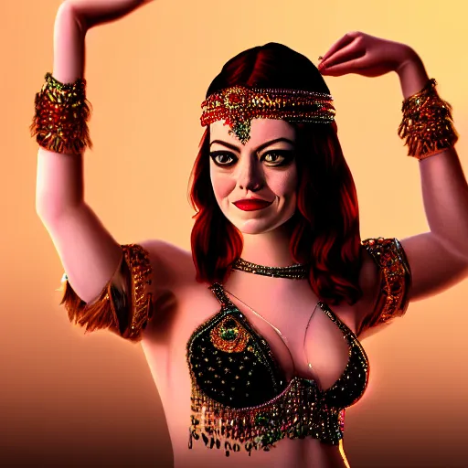 Prompt: a digital portrait of emma stone dressed as a belly dancer, arabian night, high quality, fully detailed, 4 k, in focus face with fine details