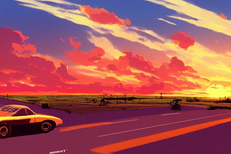 Image similar to country roadside sunset sky clouds illustration by syd mead artstation 4 k graphic novel concept art matte painting