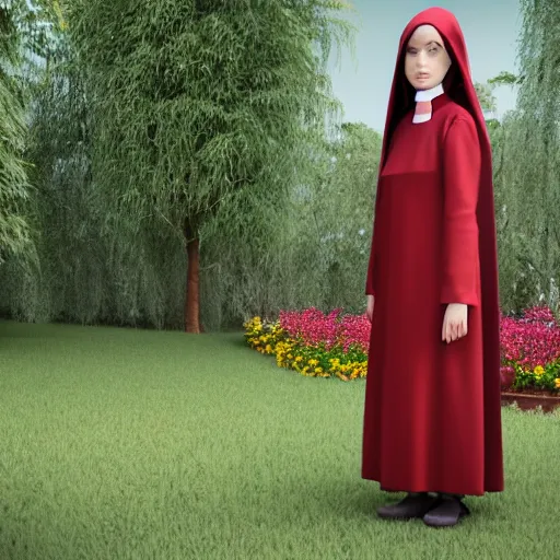 Prompt: young nun with light red long hair standing in a garden, 4k, detailed face, high details, 2D, art, behance