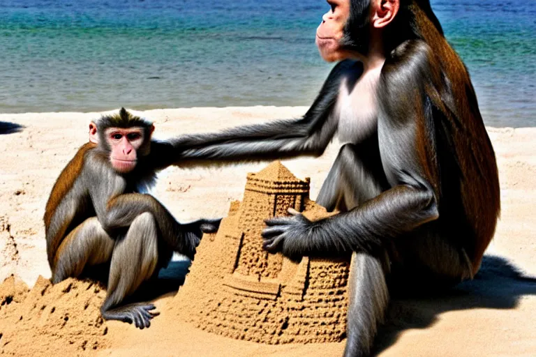 Image similar to a monkey touching a completed sand castle