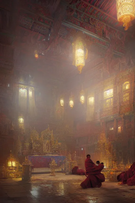 Prompt: inside a Tibetan monastery, powerfull, intricate, elegant, volumetric lighting, digital painting, highly detailed, artstation, sharp focus, illustration, concept art, ruan jia, steve mccurry