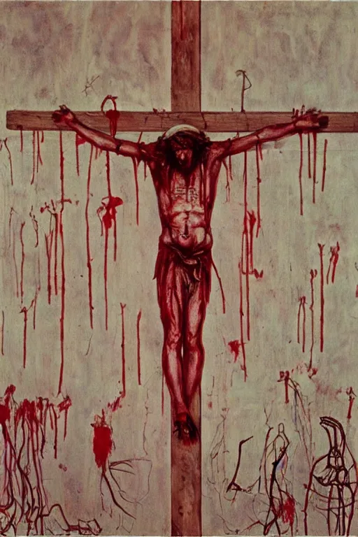 Image similar to bloody christ crucified and some mushrooms on the floor painted in by cy twombly and andy warhol