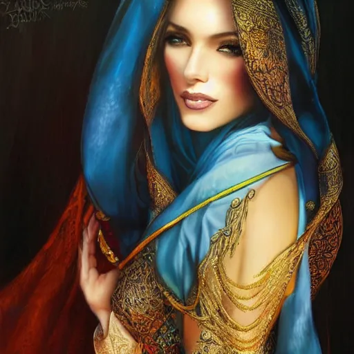 Image similar to a beautiful arabian woman wearing a kaftan by karol bak, ayami kojima, artgerm, arabian beauty, blue eyes, smile, concept art, fantasy