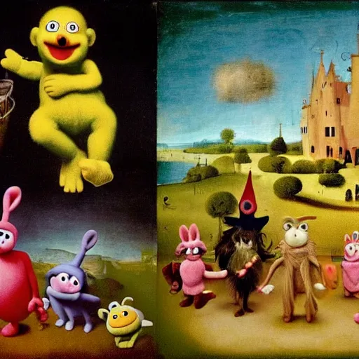 Image similar to painting of muppets and teletubbies and furbies, in the style of hieronymus bosch and johannes vermeer
