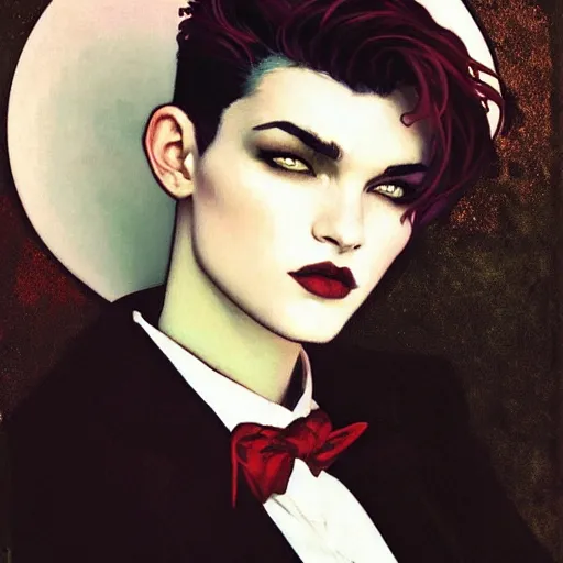 Image similar to beautiful portrait of androgynous ruby rose as desire from sandman in a white tuxedo!!!, rockabilly style, by alphonse mucha, cedric peyravernay, by jeremy mann, by frank moth, white suit and black tie, soft lightning, high detailed, 8 k